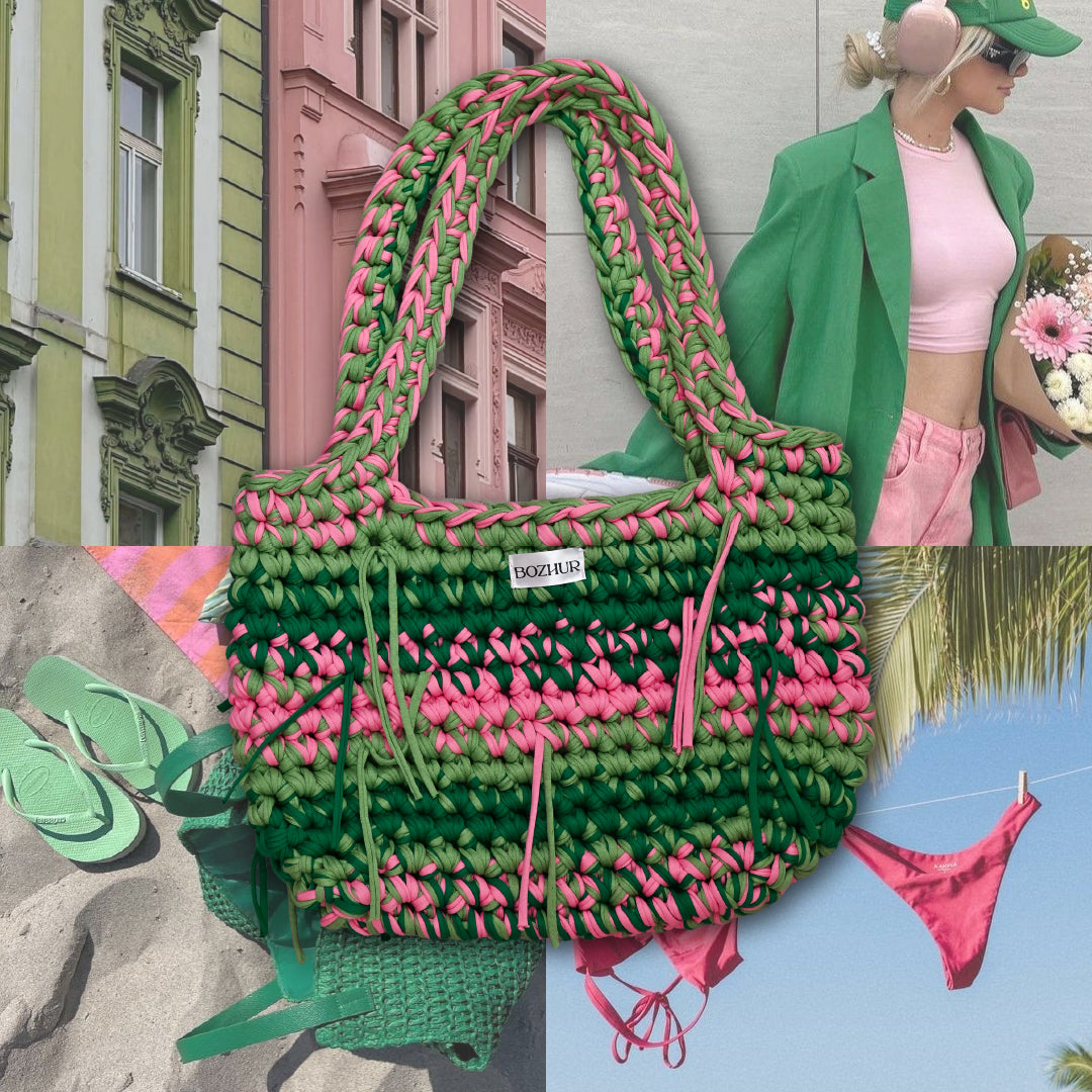Плетена чанта Summer Tote - розово и зелено